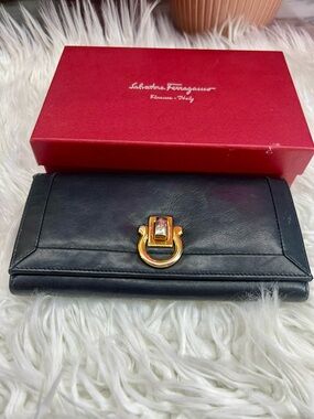 Salvatore Ferragamo Black Leather Wallet with Gold Gancini Accent